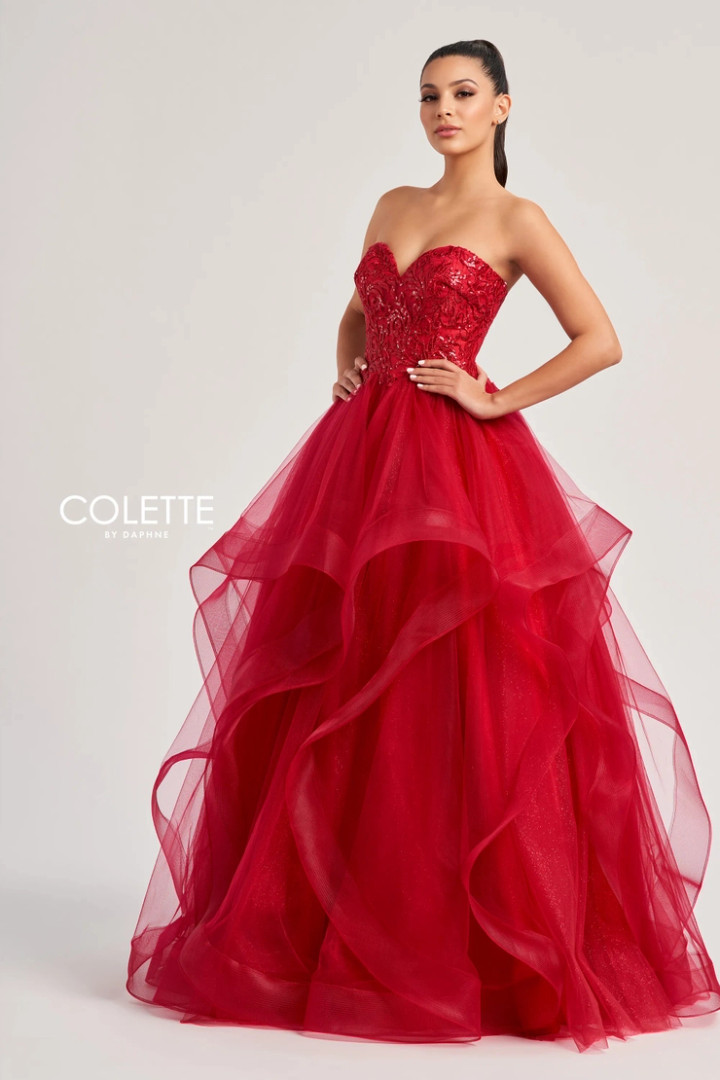 Colette by Daphne CL8290 Glitter Tulle Strapless Long Dress