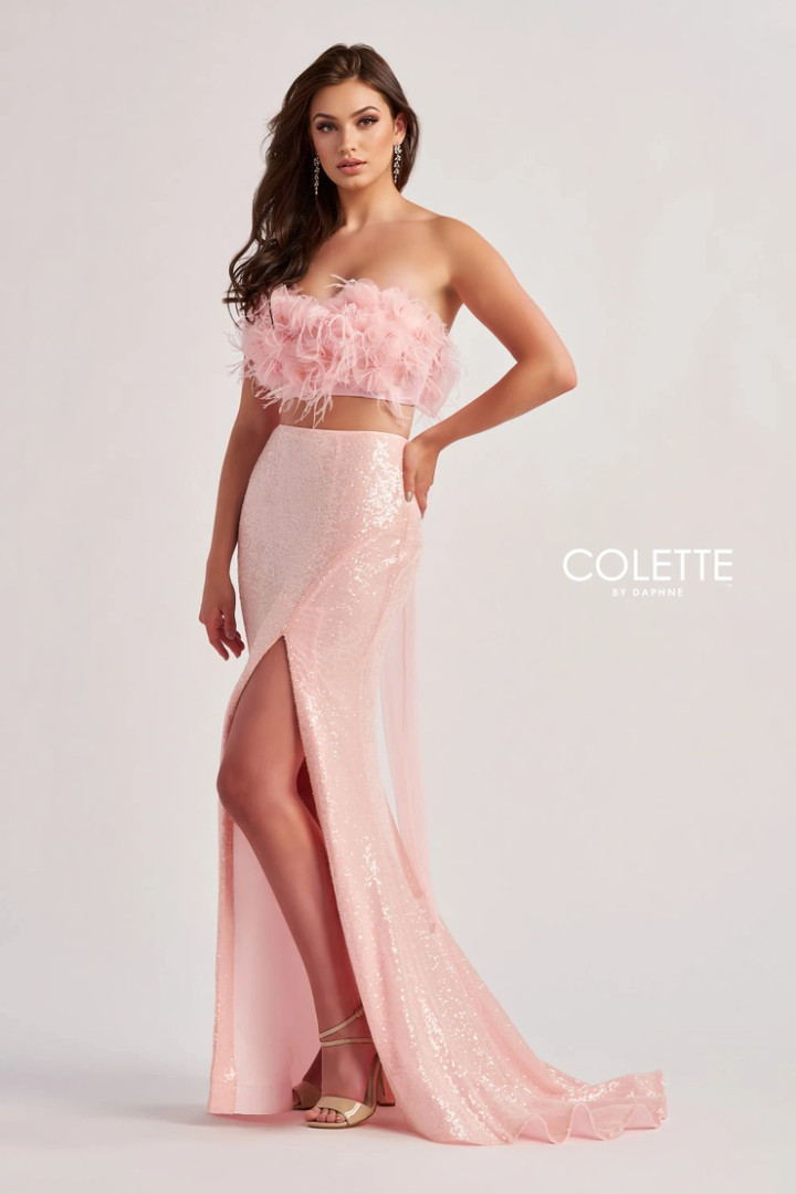 Colette by Daphne CL8450 Stretch Sequin Feathers Long Dress