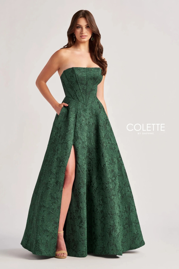 Colette by Daphne CL8675 Brocade Accent Stones Long Dress