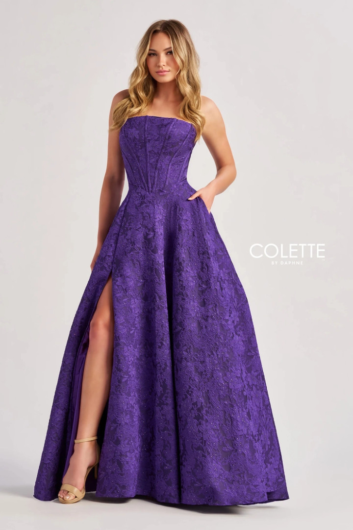 Colette by Daphne CL8675 Brocade Accent Stones Long Dress