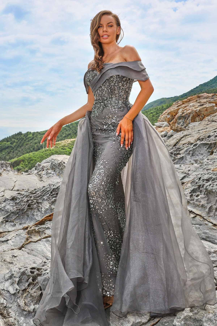 MNM Couture M1054 Organza Bead Off Shoulder Overskirt Dress