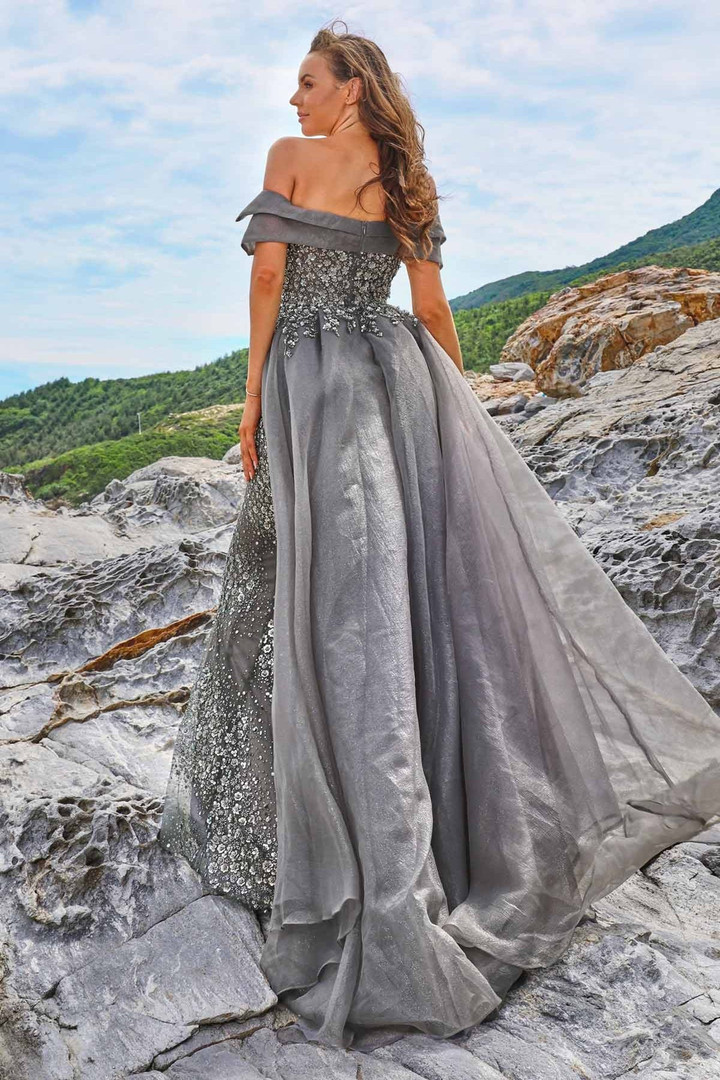 MNM Couture M1054 Organza Bead Off Shoulder Overskirt Dress