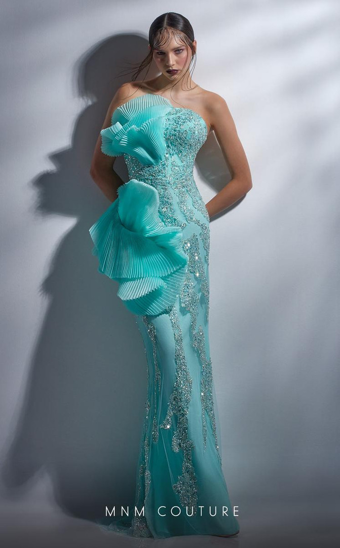 MNM Couture G1287 Beaded Strapless Ruffles Fitted Long Dress