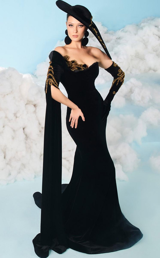 MNM Couture 2606 Velvet Cape Sleeve Asymmetric Neck Gown