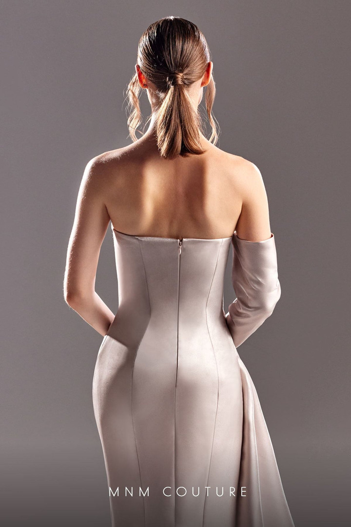 MNM Couture G1519 Satin Metallic One Shoulder Long Dress
