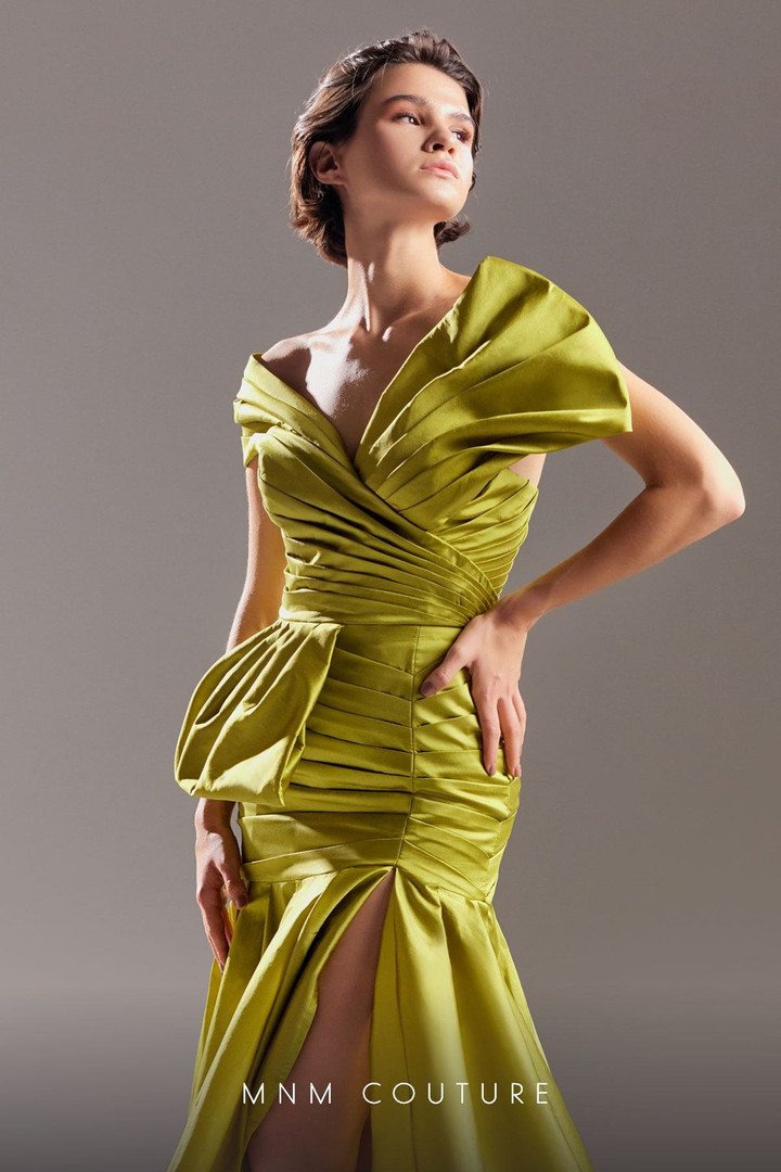 MNM Couture G1542 Taffeta One Shoulder Pleating Train Dress