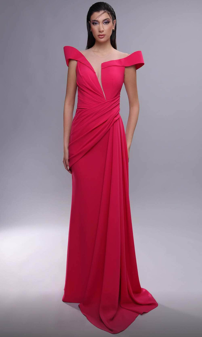 MNM Couture K4093 Illusion Jewel Neck Draped Plunging Dress