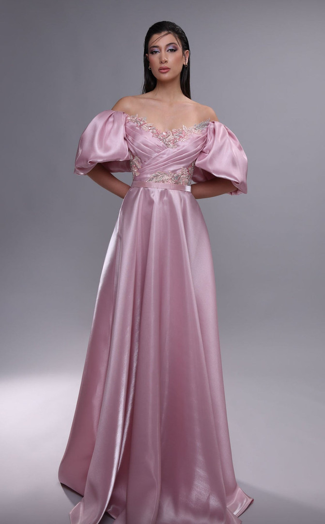 MNM Couture K4094 Embroidered Bodice Puff Sleeves Long Dress