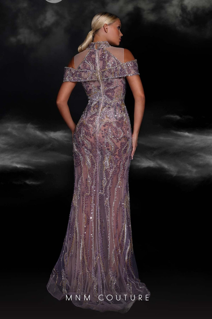 MNM Couture K4103 Sequin Off Shoulder High Neck Long Dress