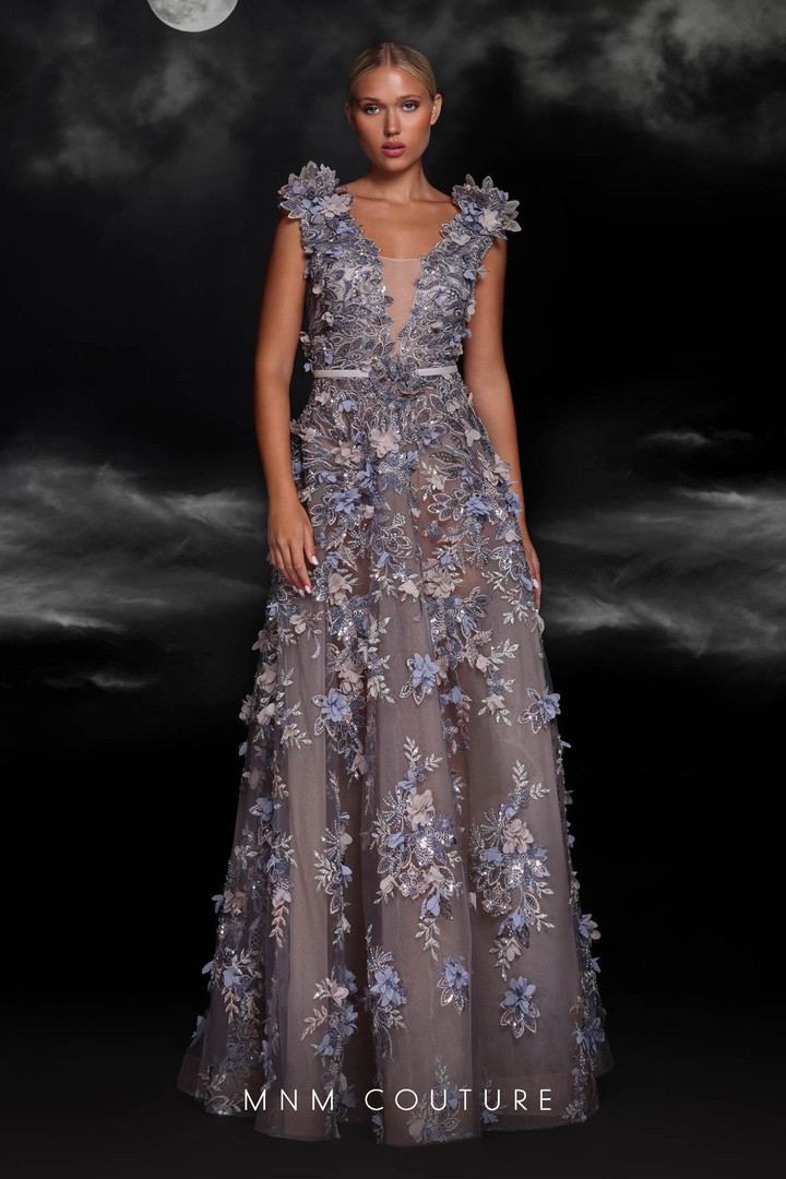 MNM Couture K4106 Flower Embroidery Sleeveless Long Dress