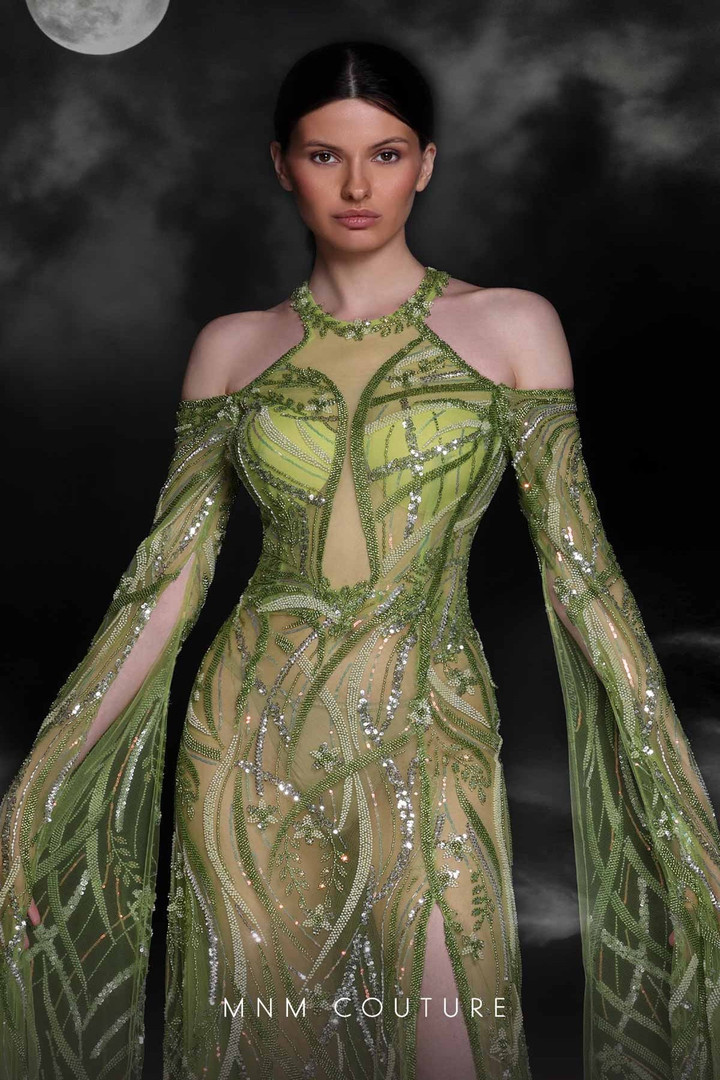 MNM Couture K4109 Sequin Tulle Halter Neck Long Sleeve Dress