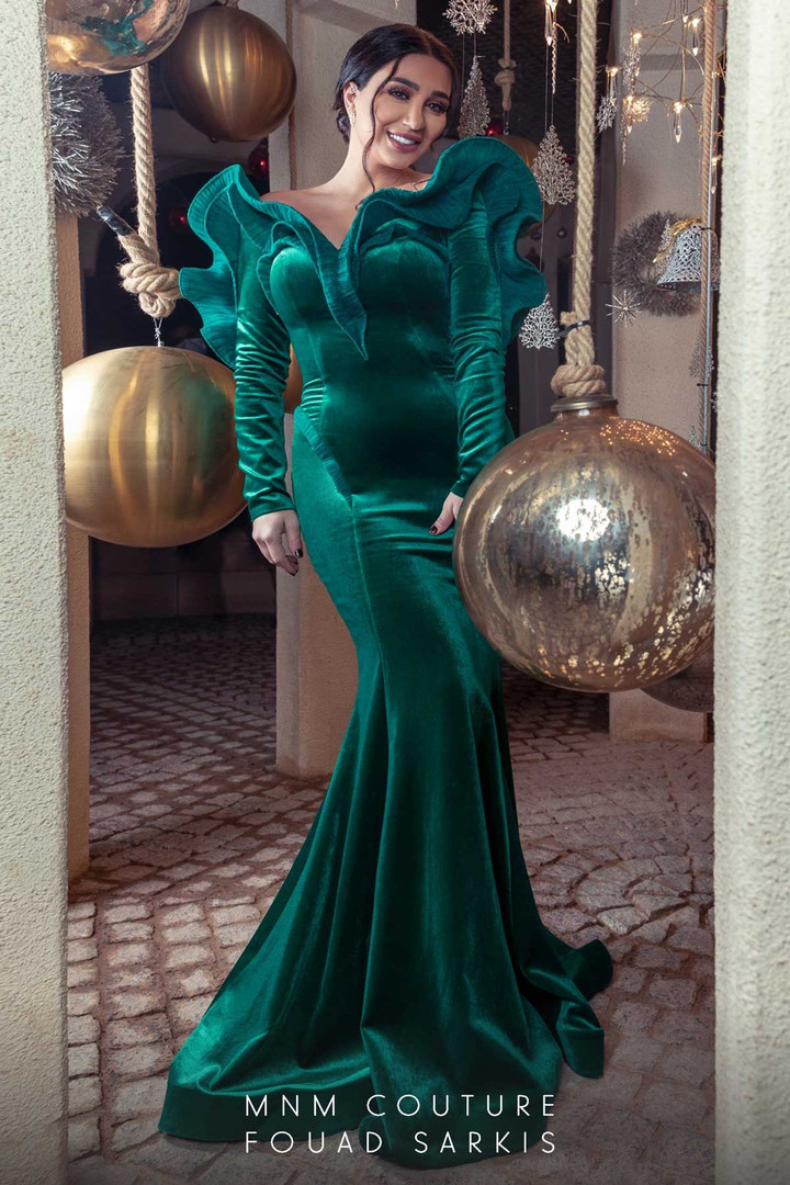 MNM Couture 2716 Velvet Long Sleeves Ruffles Fitted Gown