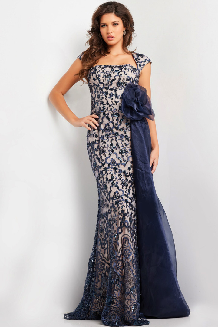 Jovani 37203 Lace Embroidered Square Neck Cap Sleeve Gown