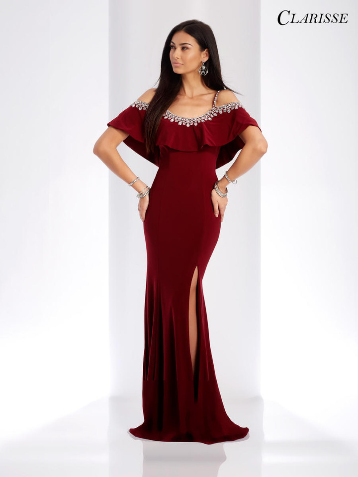 Clarisse 3497 Jeweled Scoop Neck Cold Shoulder Sleeves Dress