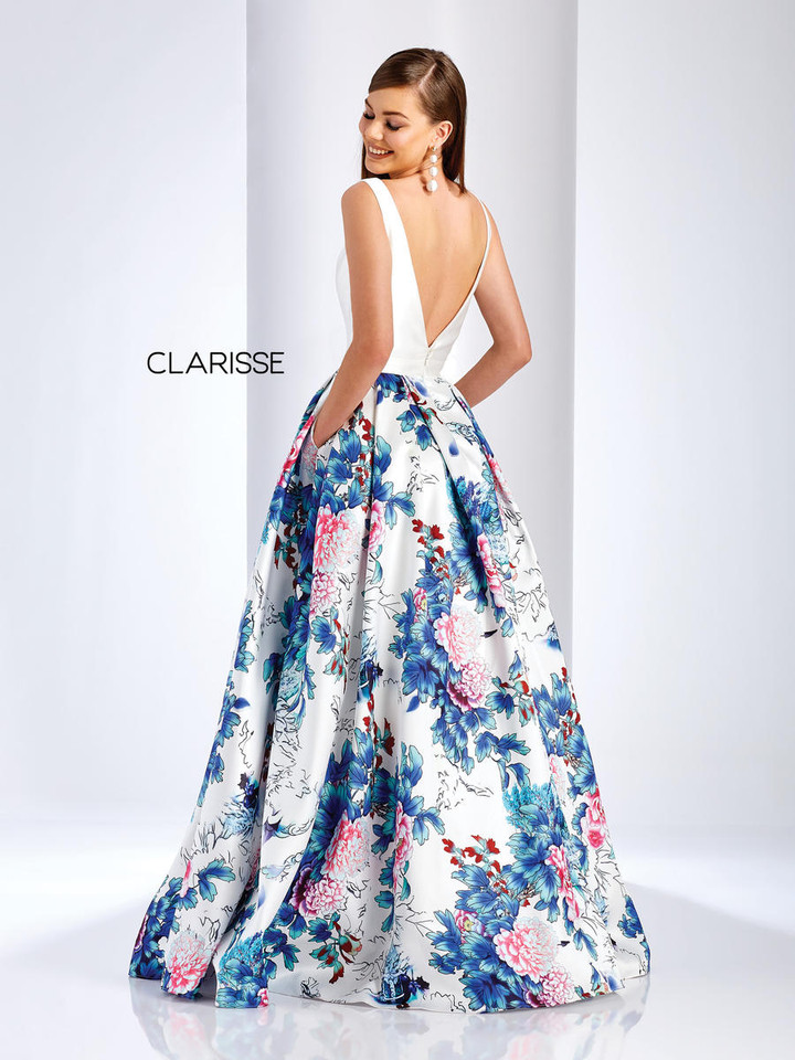 Clarisse 3538 Floral Mikado Deep V-neck Sheer Sides Gown