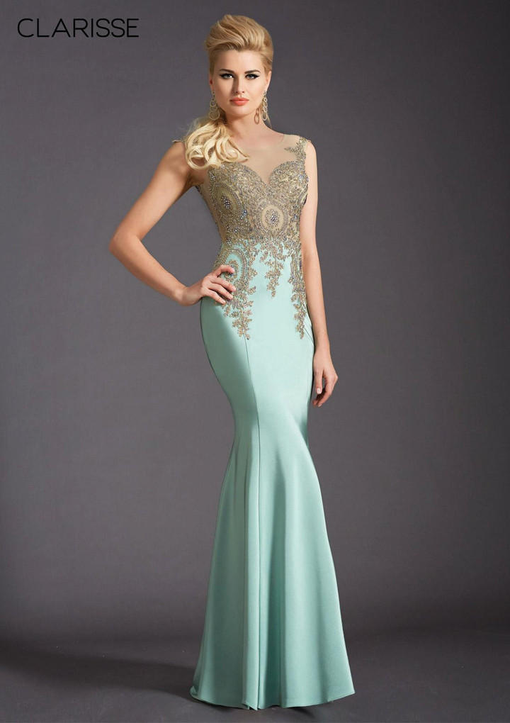 Clarisse 4507 Metallic Lace Illusion Neck Sleeveless Gown