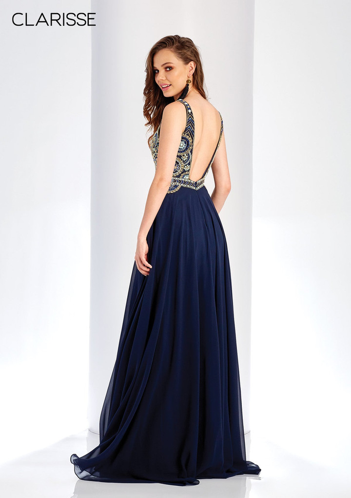 Clarisse 4924 Beaded Chiffon Deep V-Neck Sleeveless Gown