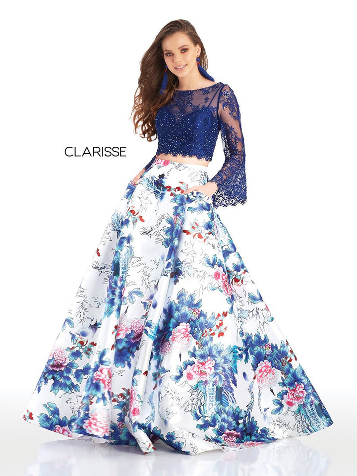 Clarisse 4977 Sheer Beaded Lace Floral Print Two Piece Gown