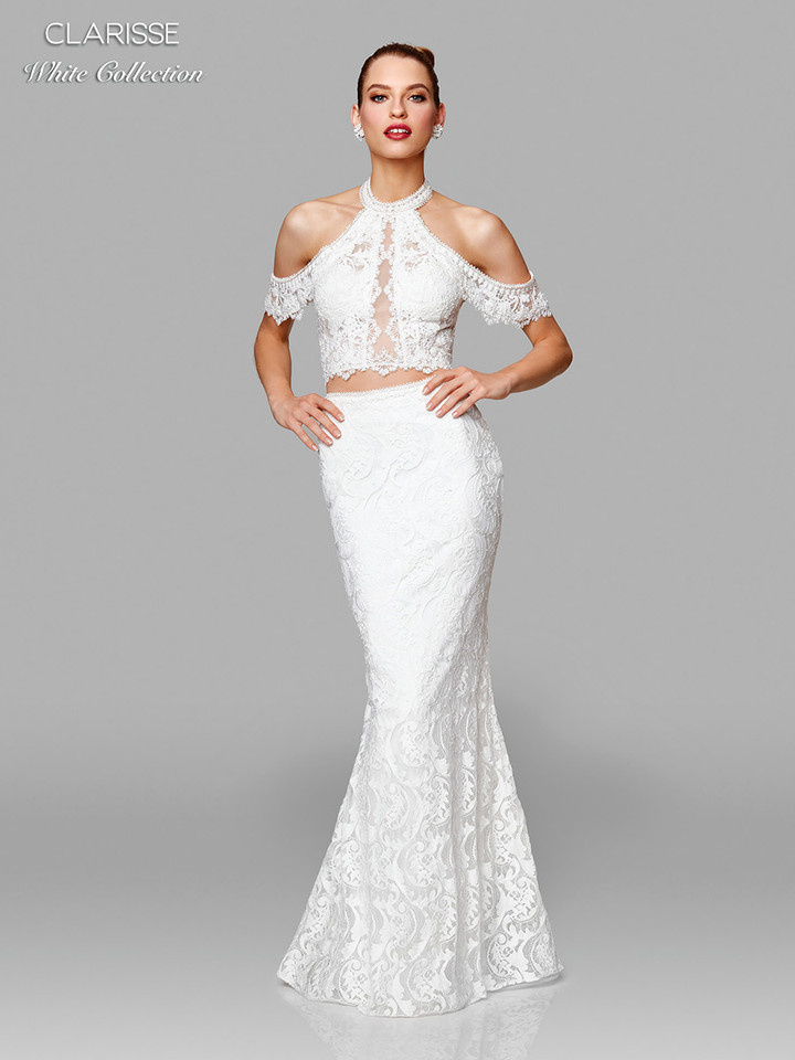 Clarisse 600153 Lace Halter Neck Crop Top Two Piece Gown