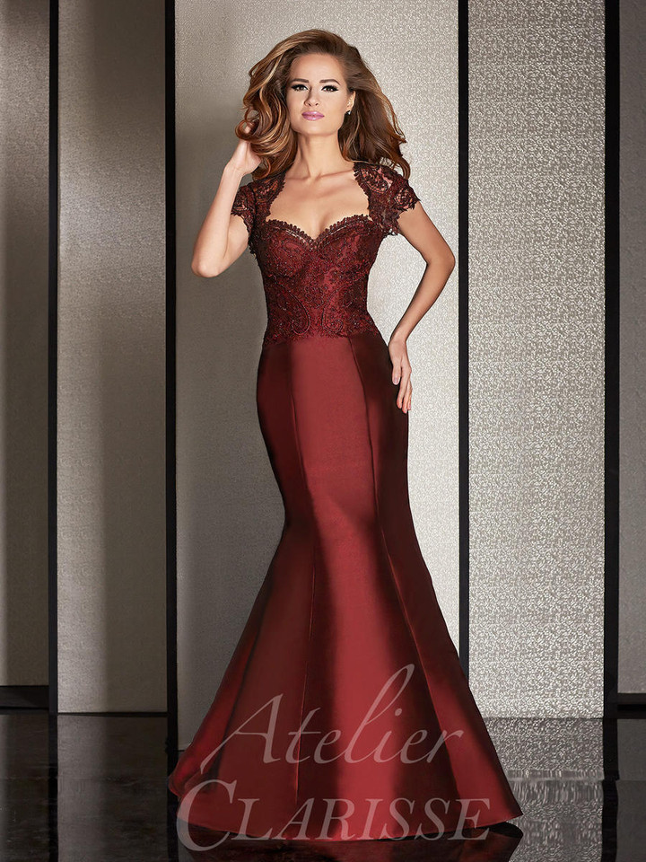 Clarisse M6256 Mikado Lace Cap Sleeves Queen Anne Neck Dress