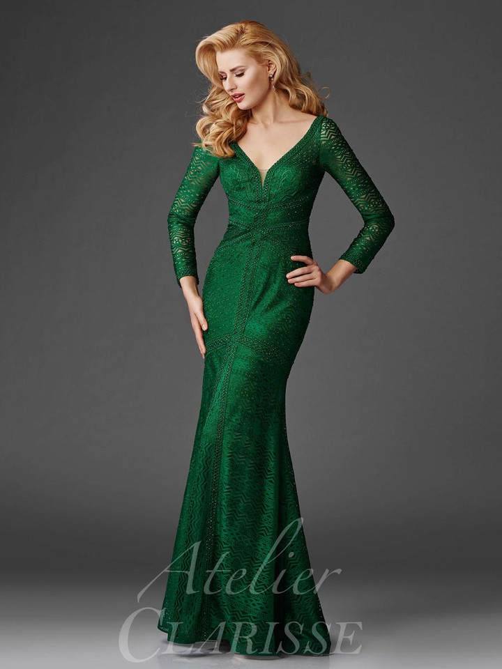 Clarisse M6431 Beaded Lace Plunging V-neck Long Sleeve Dress