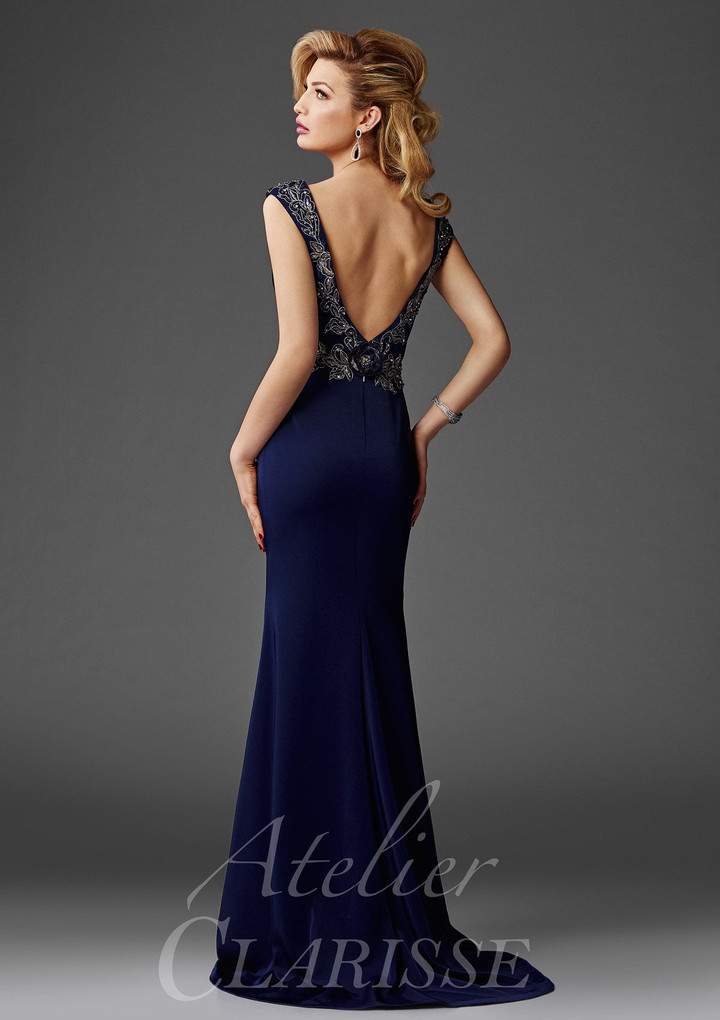 Clarisse M6447 Stretch Satin Cap Sleeves Boat Neckline Dress