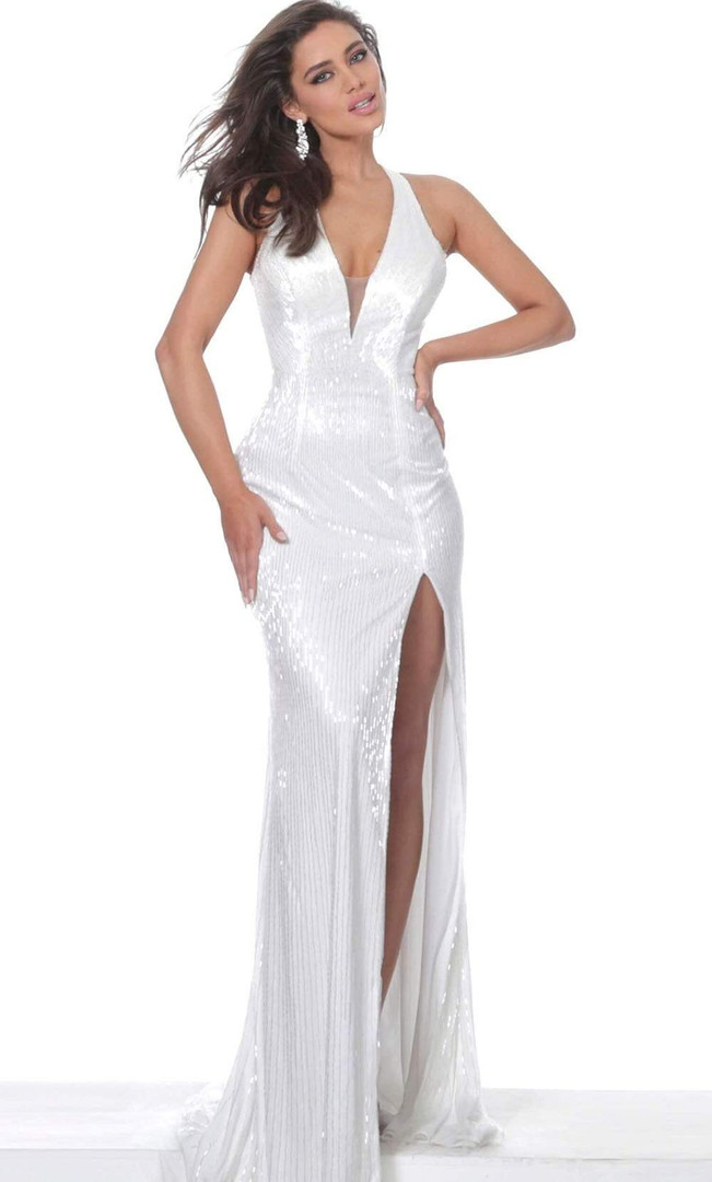 Jovani 00694 Halter V-Neckline Beaded Sleeveless Sheath Gown