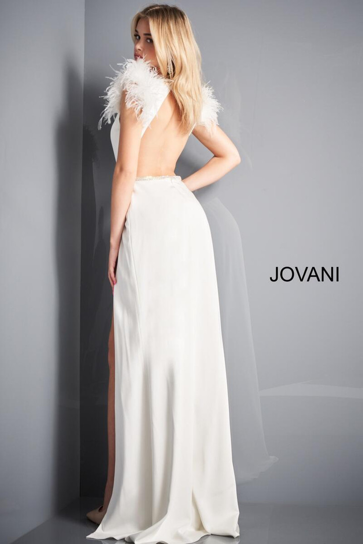 Jovani 02833 Embellished High Neck Feathered Sleeves Dress