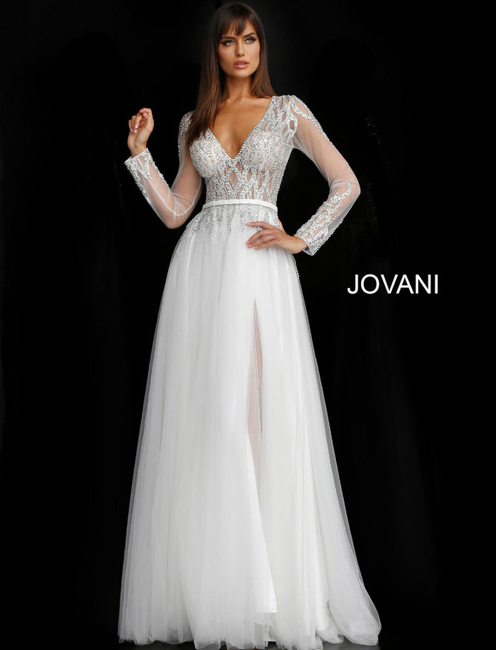 Jovani 60325 Embellished V-neck Sheer Long Sleeves Long Gown