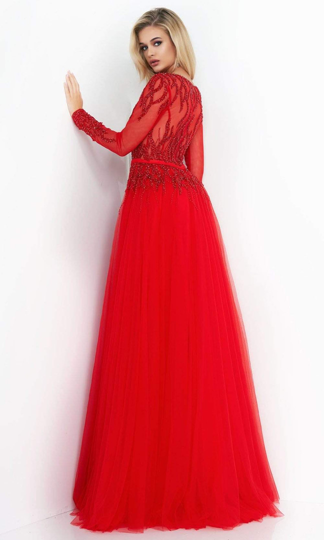 Jovani 60325 Embellished V-neck Sheer Long Sleeves Long Gown