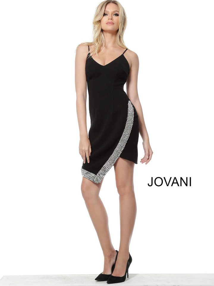 Jovani 68988 Asymmetrical Skirt Thin Strapped Short Dress