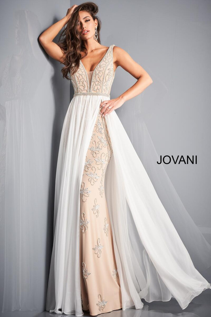 Jovani 03374 Chiffon Beaded Plunging V-Neck Sleeveless Dress