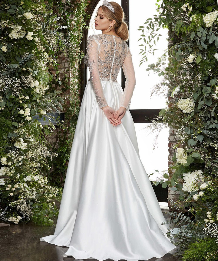 Jovani 67939 Taffeta Beaded V-Neck Long Sleeve Bridal Gown