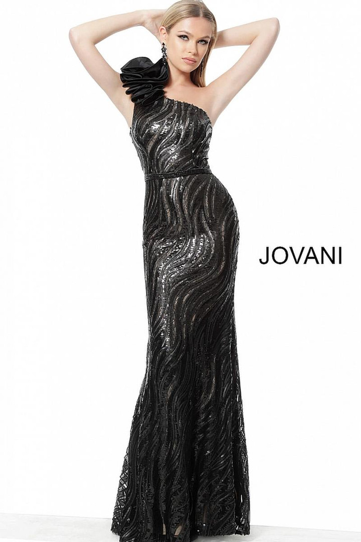 Jovani 56095 Satin Sequin Embellished One-Shoulder Dress