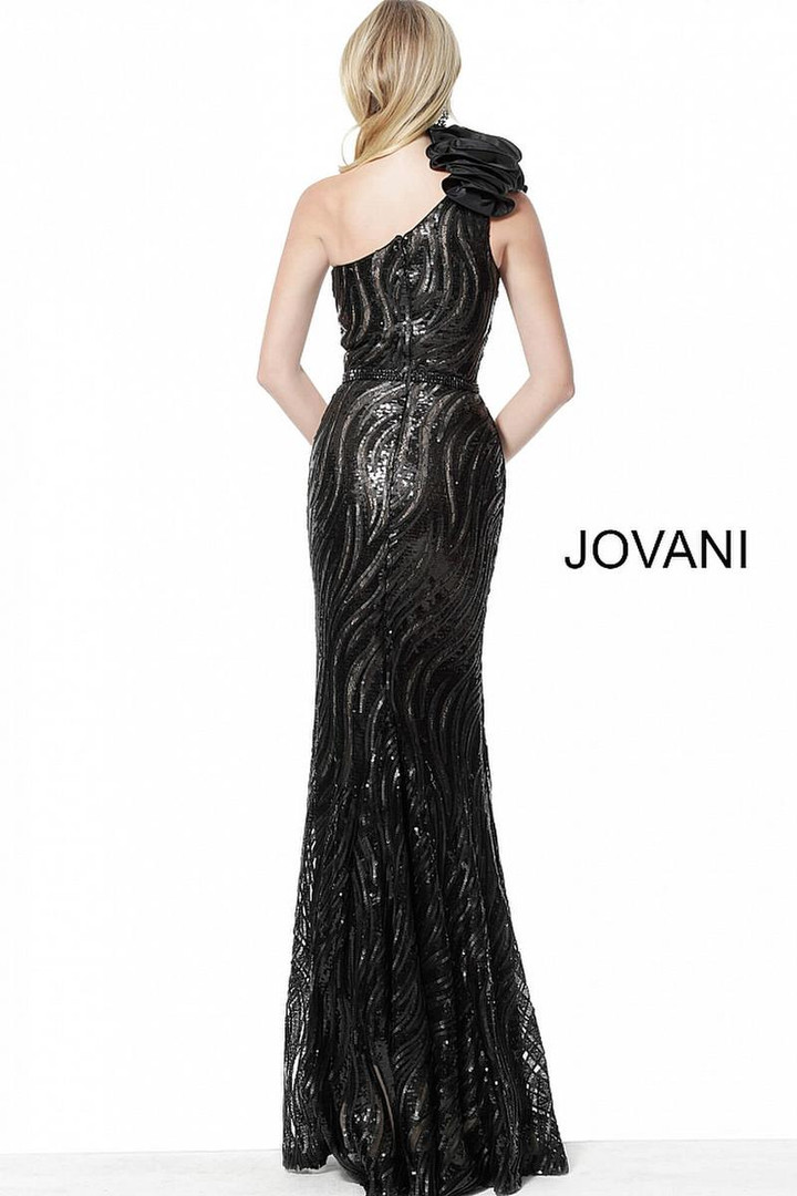 Jovani 56095 Satin Sequin Embellished One-Shoulder Dress