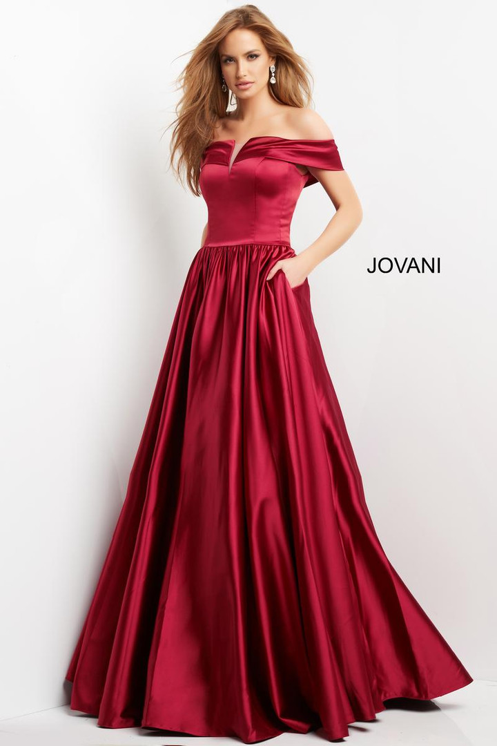Jovani 3129 Satin Strapless Off the Shoulder Pleating Dress