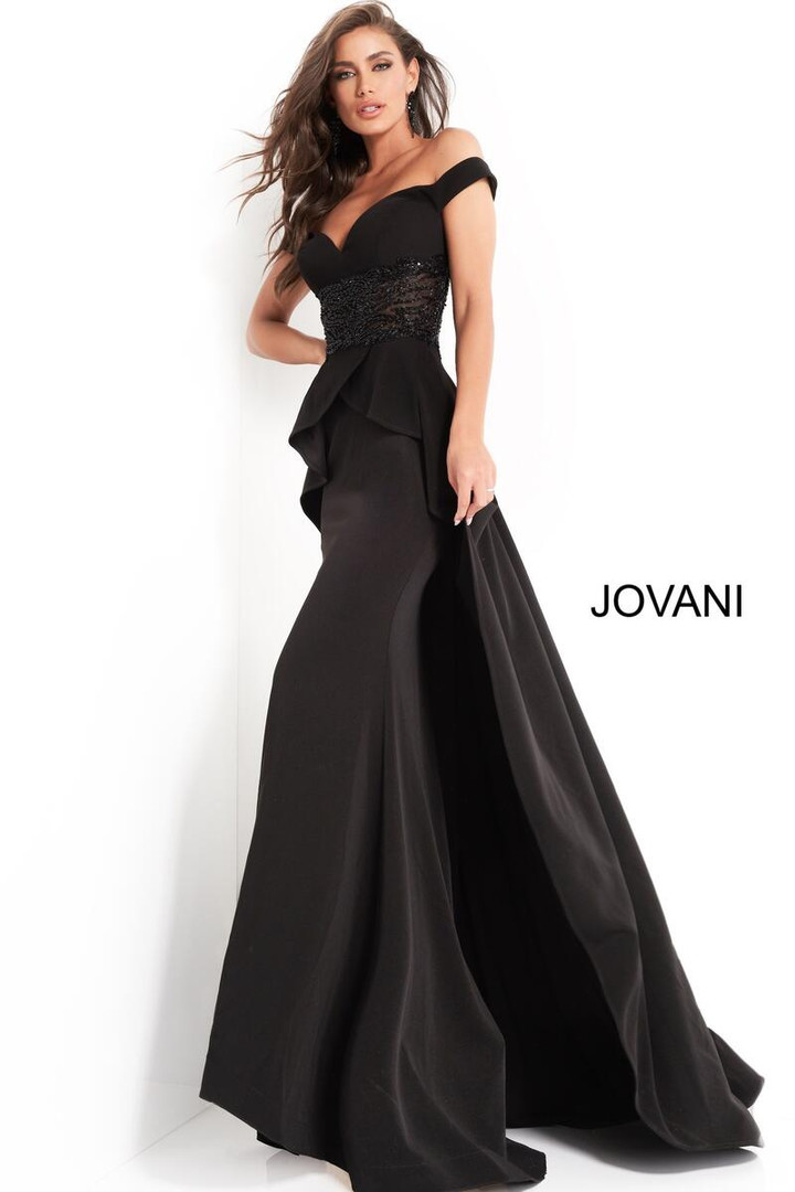 Jovani 04460 Embellished Beaded Off-Shoulder Sleeves Dress