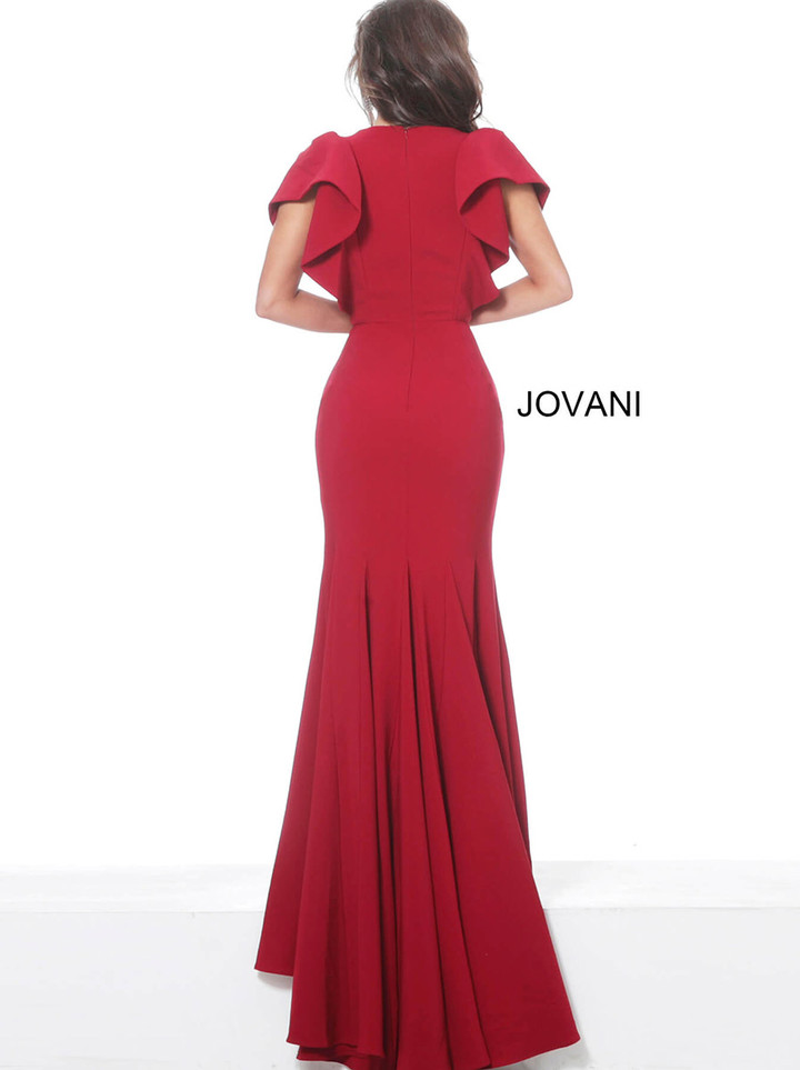 Jovani 00761 Crepe V-Neck Ruffle Short Sleeves Fitted Dress