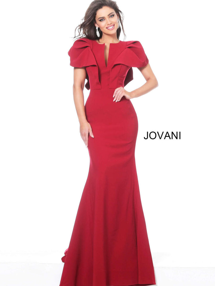 Jovani 00761 Crepe V-Neck Ruffle Short Sleeves Fitted Dress