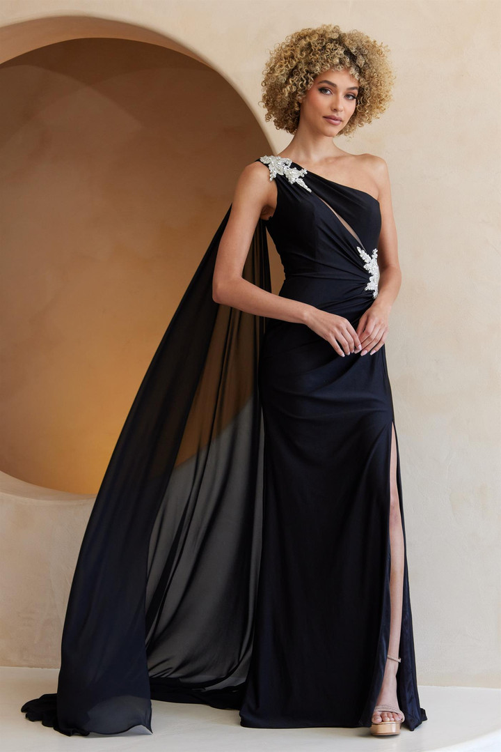 Amelia Couture 7056 One Shoulder Asymmetrical Neck Cape Gown