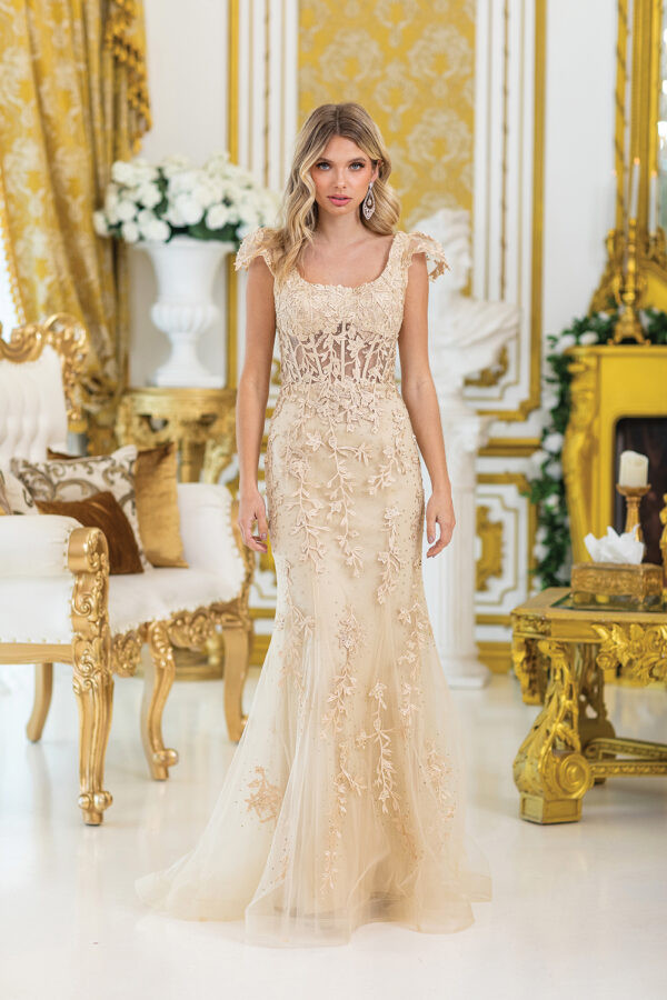 Dancing Queen 4447 Floral Embroidery Cap Sleeves Prom Dress