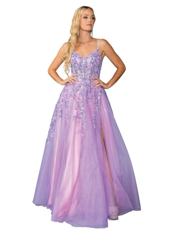 Dancing Queen 4452 Sheer Sequined Bodice V-Neck A-Line Dress