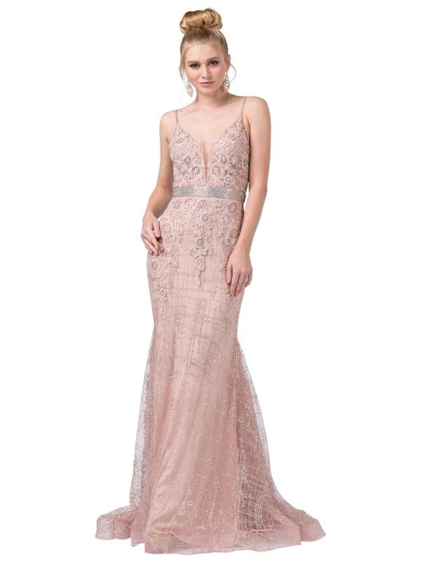 Dancing Queen 2767A Sequin Lace Plunge Neck Sleeveless Gown