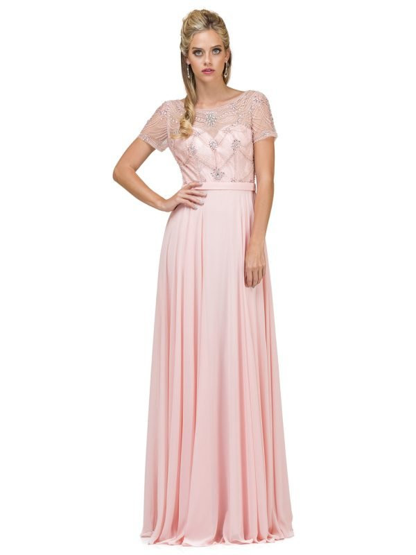 Dancing Queen 2067 Chiffon Beaded Short Sleeve Prom Dress