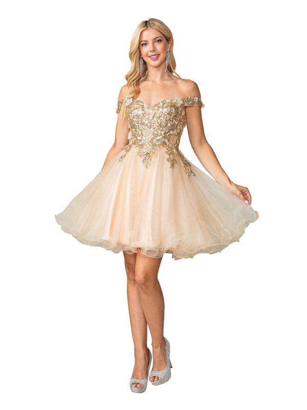 Dancing Queen 3349 Embellished Lace Off-Shoulder Short Dress