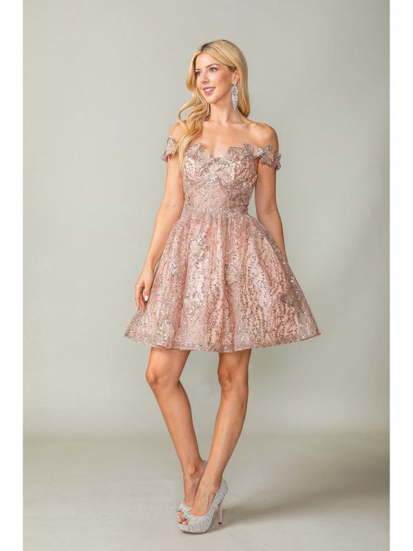 Dancing Queen 3370 Sequined Floral Off-Shoulder Short Dress