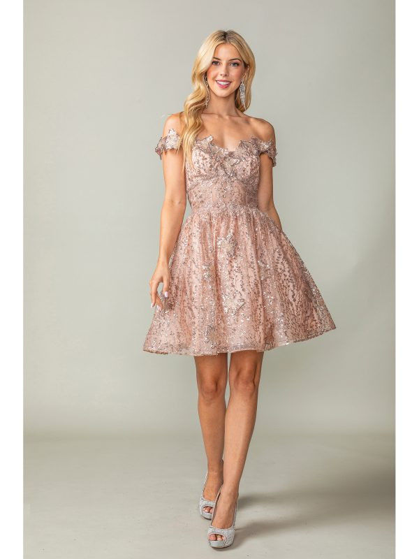 Dancing Queen 3370 Sequined Floral Off-Shoulder Short Dress