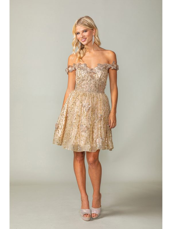 Dancing Queen 3370 Sequined Floral Off-Shoulder Short Dress