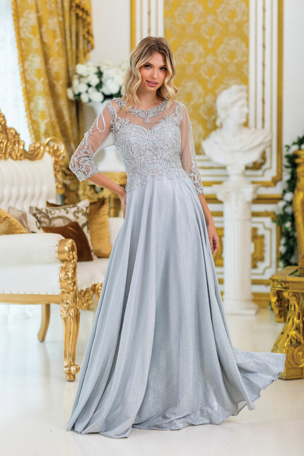 Dancing Queen 4498 Beaded Lace Sheer Long Sleeves Prom Dress