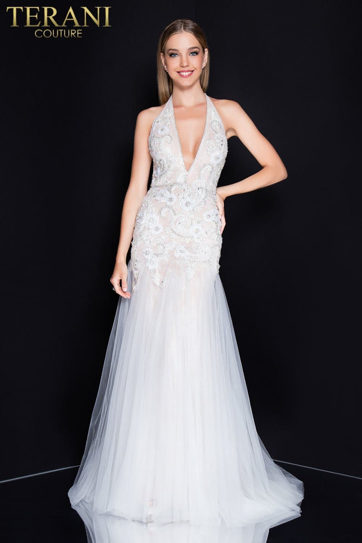 Terani Couture 1811P5238X Tulle Beaded Deep V-Pink Dress